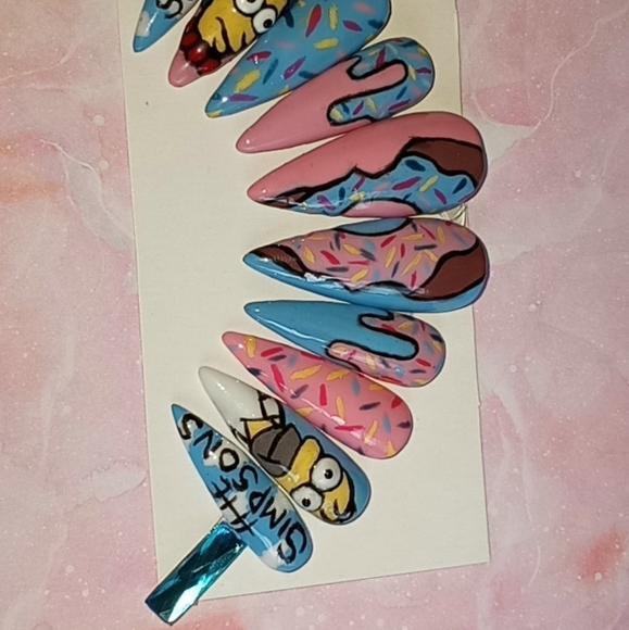 The Simpsons pink and blue doughnut  luxury Press On Nails CHEY01 - Picture 3 of 4